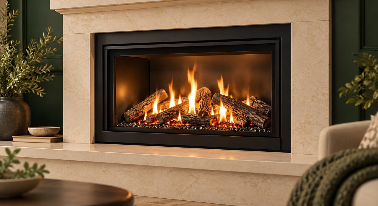 Illustration of a gas fireplace with glowing ceramic logs and a cream stone surround